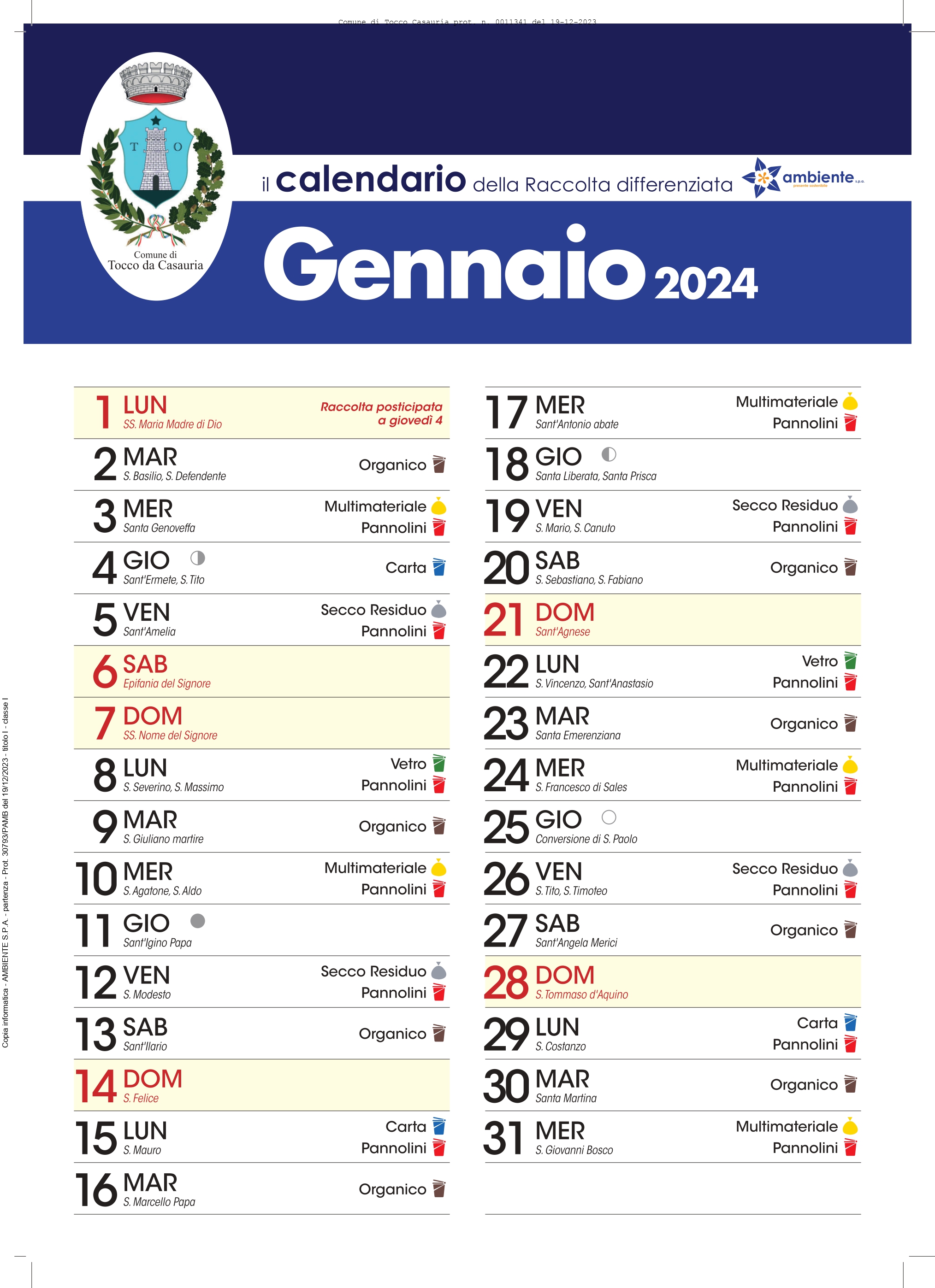 CALENDARIO 2024 - RACCOLTA DIFFERENZIATA